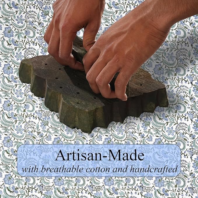 Ridhi Columbia Blue Hand Block Print Cotton Rectangle Tablecloth 118 x 70 inches Reusable Table Cover Decorative Everyday Use for Dining Room, Farmhouse, Home, Party, Festive & Wedding, Fall