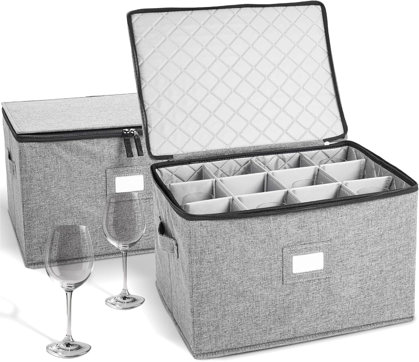 storageLAB Wine Glass Storage Containers, Hard Shell Organizer for Stemware and Glassware Sets, Stackable Wine Glass Storage Box with Dividers for Kitchen and Moving Supplies - 2 Pack Set, Gray