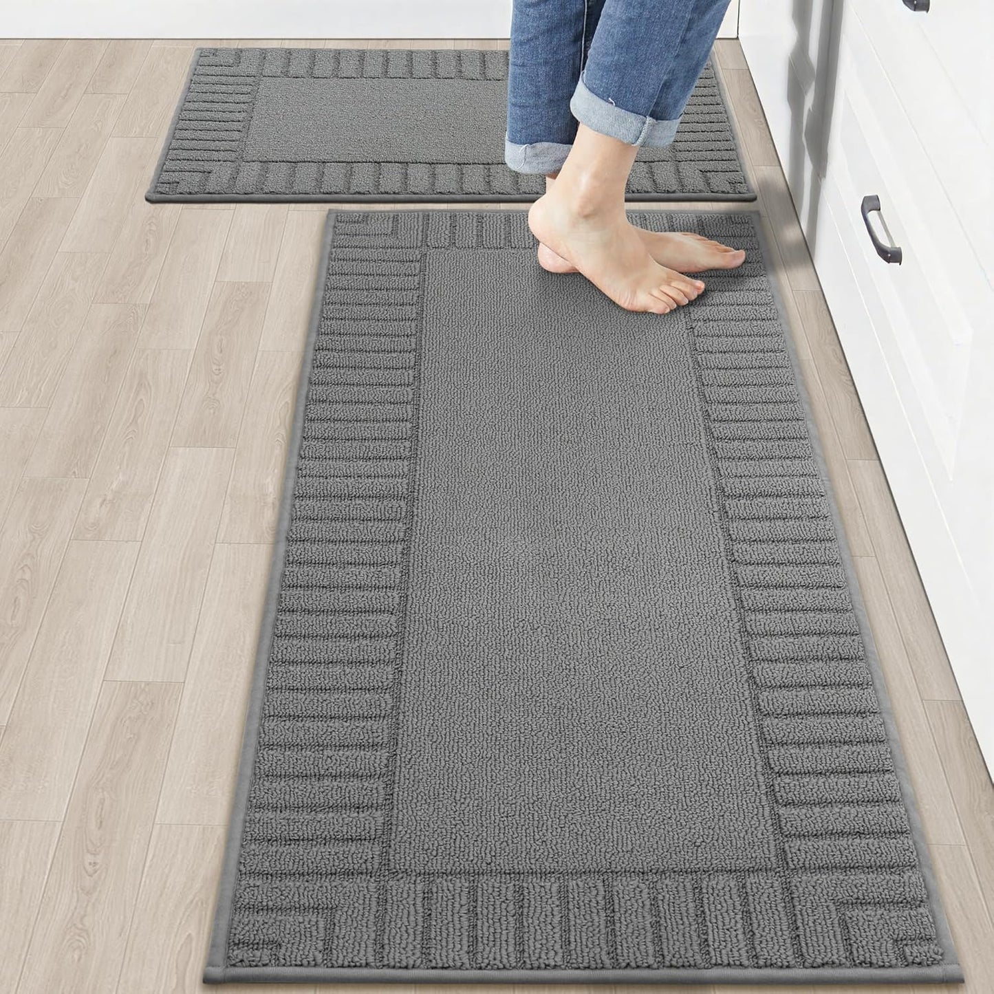 BEQHAUSE-Kitchen-Rugs-Washable-Kitchen-Mats-for- Floor Non-Slip Kitchen Mat Set of 2 Absorbent Kitchen Runner with TPR Non Skid Backing,Grey,20x30inch/20x48inch