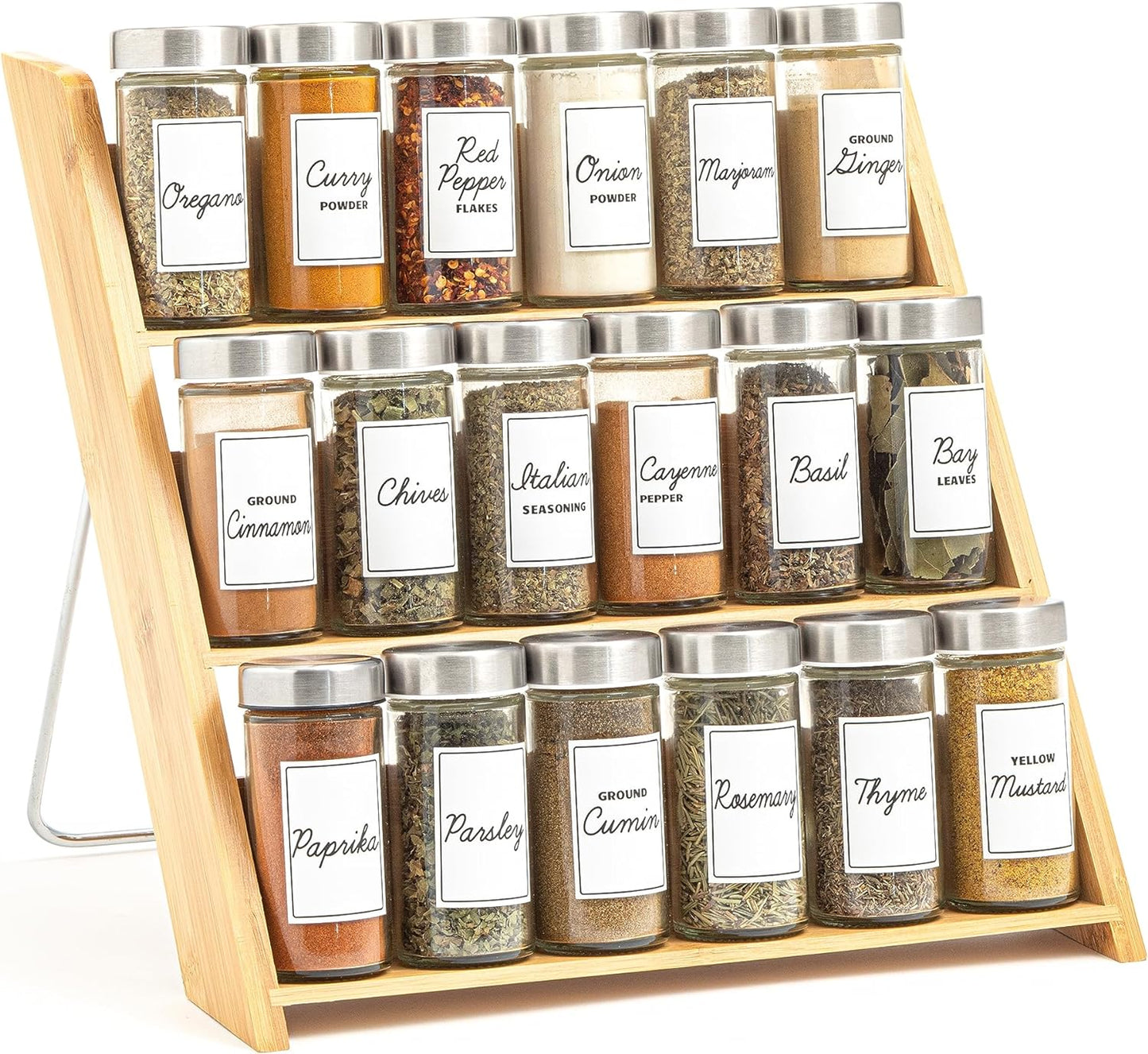 Orii 18 Jar Bamboo Compact Spice Organizer for Countertop and Kitchen Drawer, Filled with Spices, Program