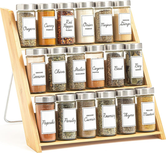 Orii 18 Jar Bamboo Compact Spice Organizer for Countertop and Kitchen Drawer, Filled with Spices, Program