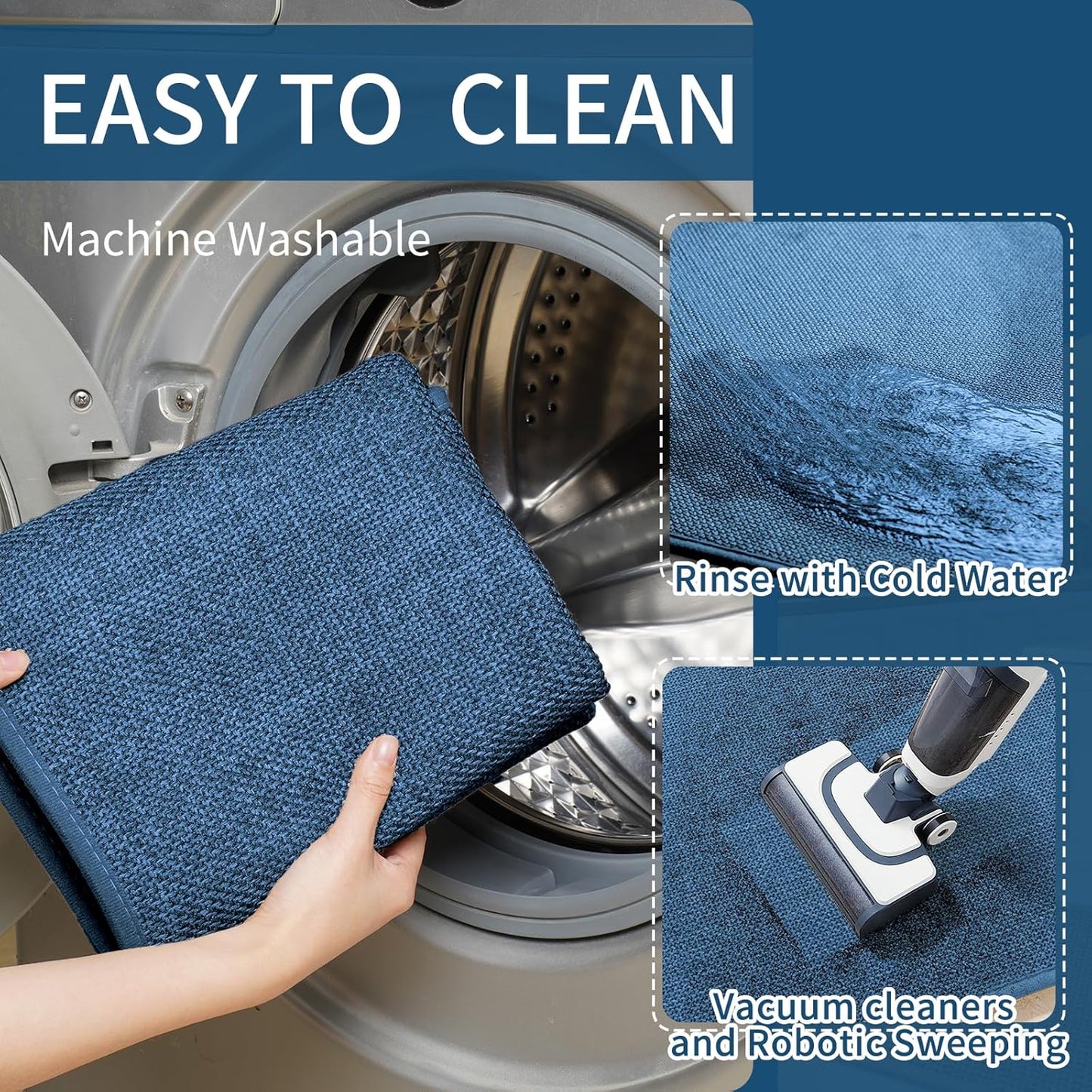 Kitchen Mats for Floor, Super Absorbent Kitchen Rugs Non Slip Washable, Soft Imitation Linen Braided Runner Rug, Standing Mat Kitchen Sink Mat, Easy to Clean, Blue 17x71