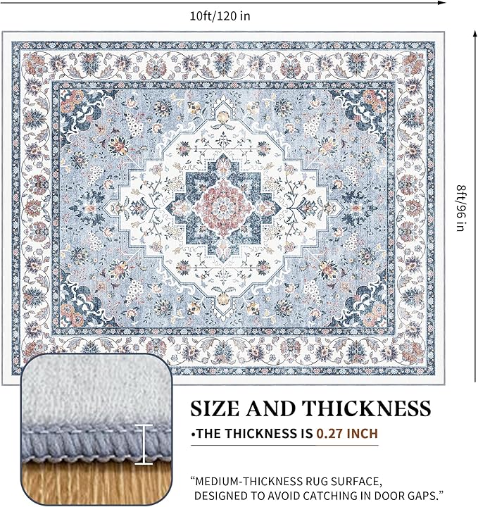 Area Rug for Living Room - Vintage Indoor Machine Washable Rug for Bedroom Dinning Room Floor - Soft Low-Pile Carpet Non-Slip Backing Floral Rugs Office (Blue White, 8' × 10')