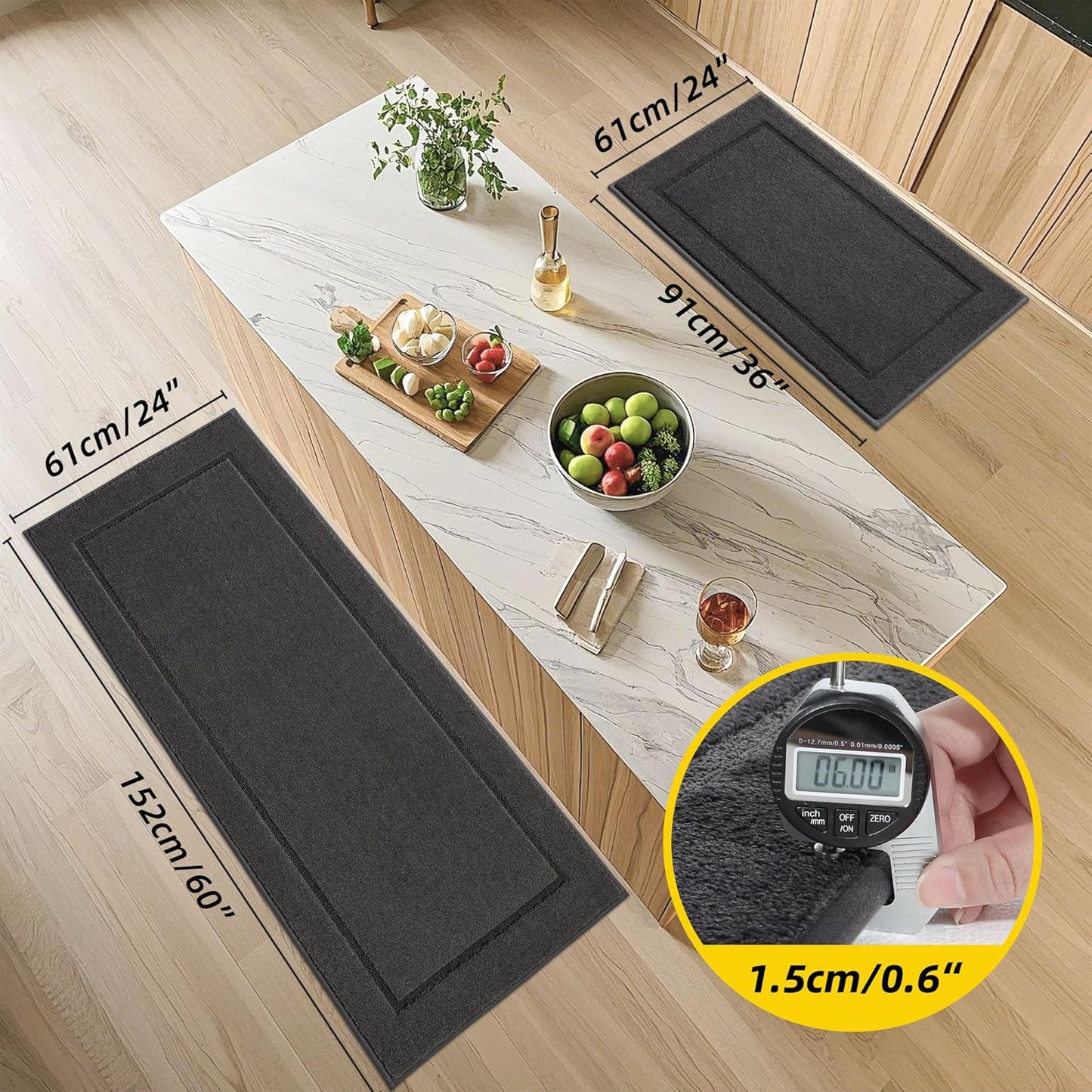 JSEI Non-Slip Kitchen Mats, Self Adhesive No Sliding Kitchen Rugs Set of 2, Washable Absorbent Floor Mat for Kitchen, Bathroom, Laundry Room, Bedroom, 24”x36”+24”x60”, Dark Grey, Rectangular Pattern