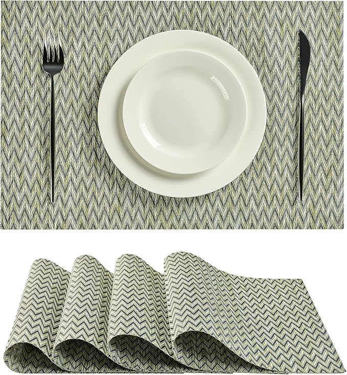Leetaltree Green Placemats Set of 4 - Heat Resistant Non-Slip Place mats for Dining Table, Washable Durable PVC Vinyl Woven Table Mats（Green Zigzag, 4）