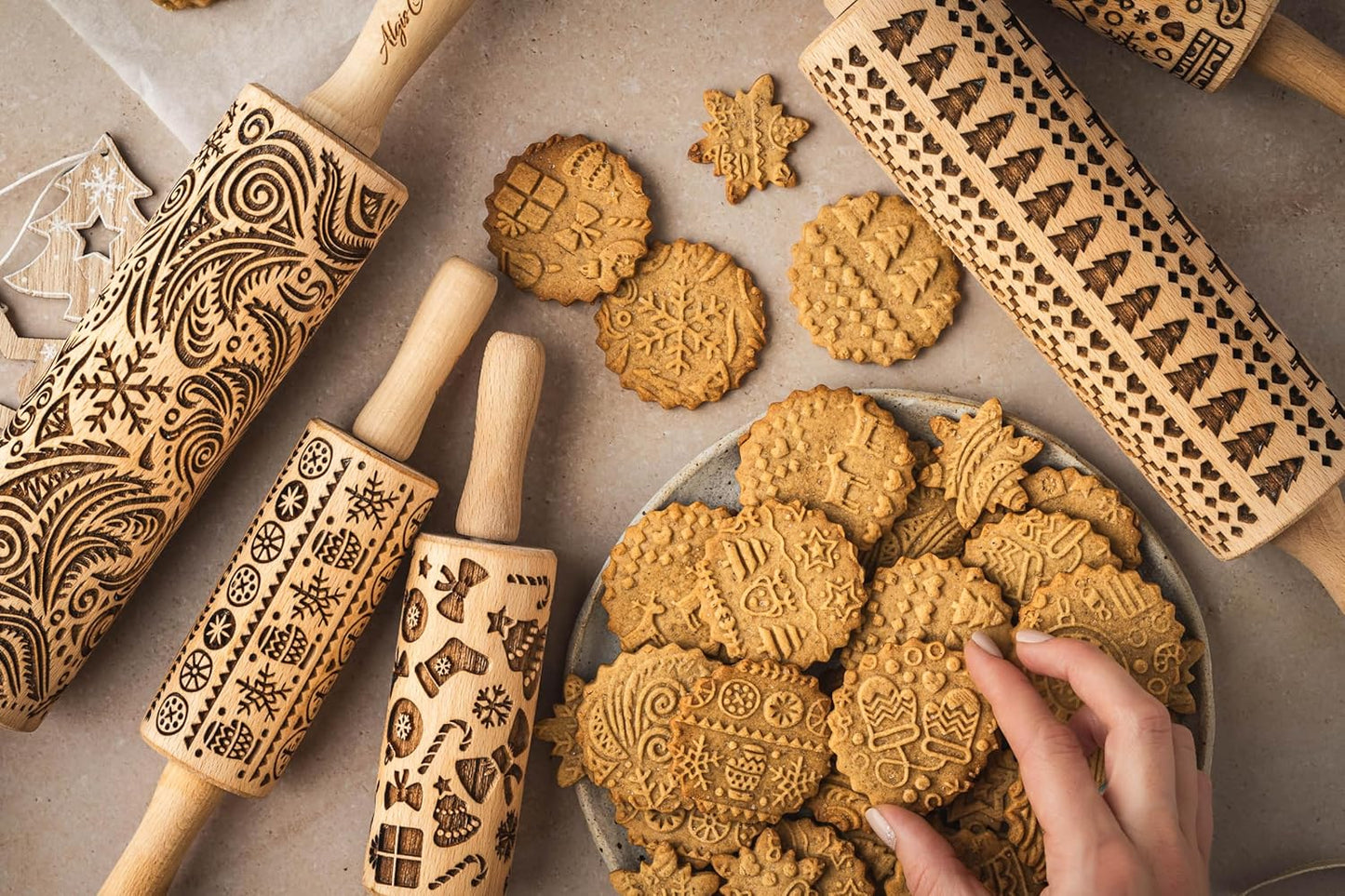 CHRISTMAS FUN 3 Kid Rolling Pin Set. Wooden Laser Cut Embossing Cut Mini Rolling Pins for Embossed Cookies. Gift for Kid, Friend, Christmas by Algis Crafts