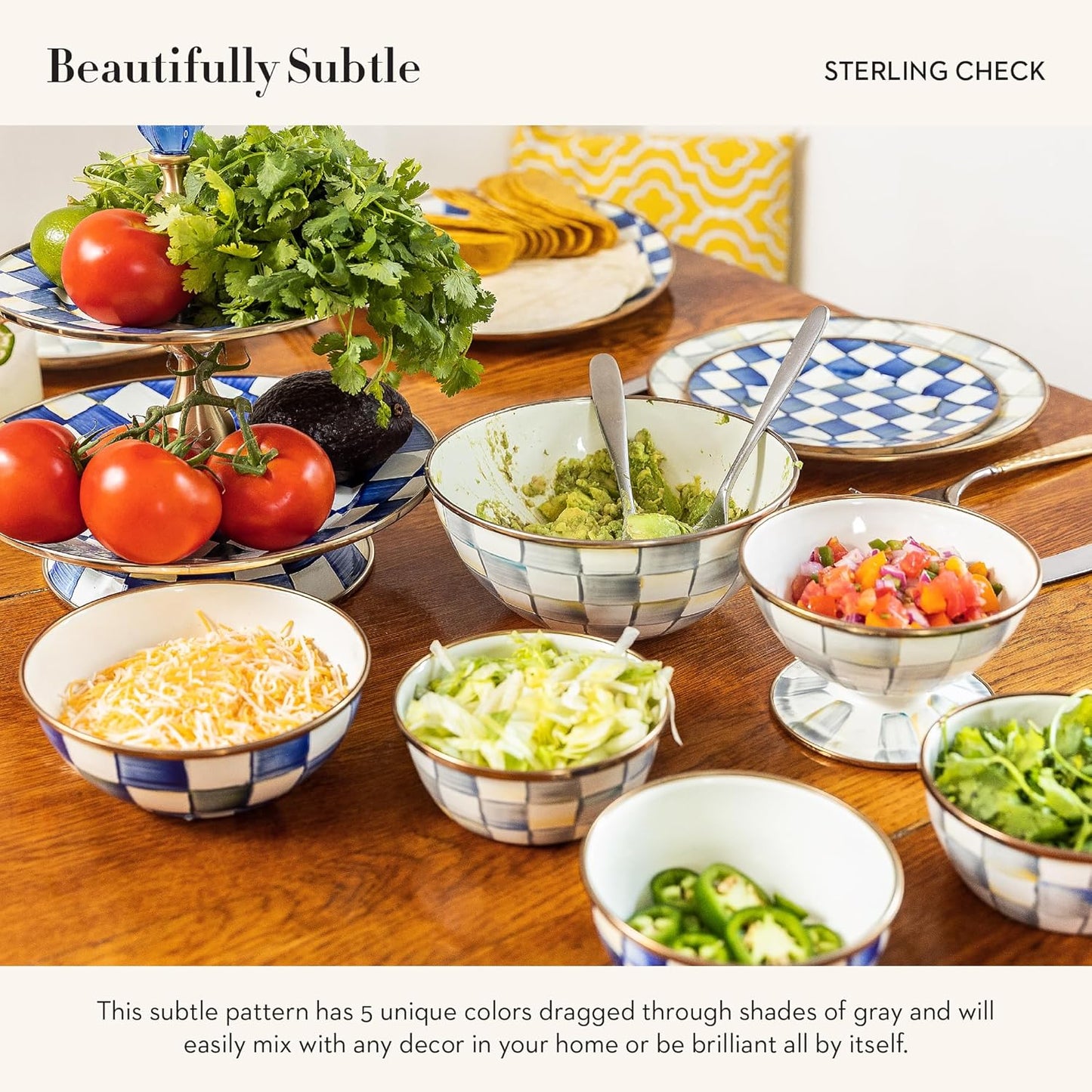 MACKENZIE-CHILDS Enamel Everyday Bowl, Serving Bowl for Entertaining, Large, Gray-and-White Sterling Check, Set of 1