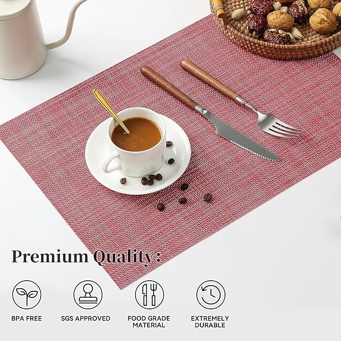 Christmas Red Placemats Set of 12 - Heat Resistant Non-Slip Place mats for Dining Table, Washable Durable PVC Vinyl Woven Table Mats（Red, 12）