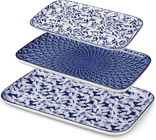 vancasso Serving Platters Set of 3, 16"/14"/12" Inch Rectangular Trays - Serving Platter Extra Large, Ceramic Serving Dish Microwave & Dishwasher Safe (Vintage Blue A)