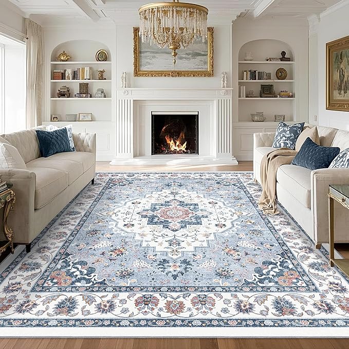 Area Rug for Living Room - Vintage Indoor Machine Washable Rug for Bedroom Dinning Room Floor - Soft Low-Pile Carpet Non-Slip Backing Floral Rugs Office (Blue White, 8' × 10')