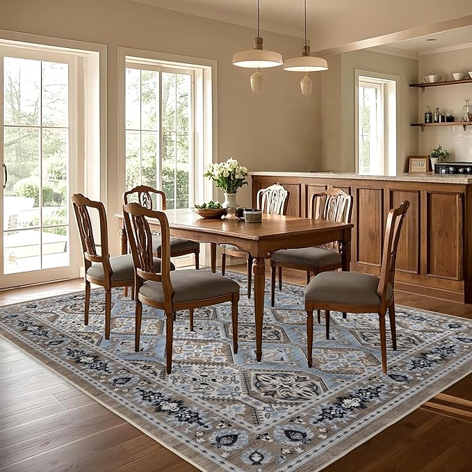 Area Rug for Living Room - Indoor Machine Washable Vintage Rugs for Bedroom Dinning Room Floor Carpet Non-Slip Backing Rugs Floral Soft Low-Pile Office Rug (Blue/Brown, 8' × 10')