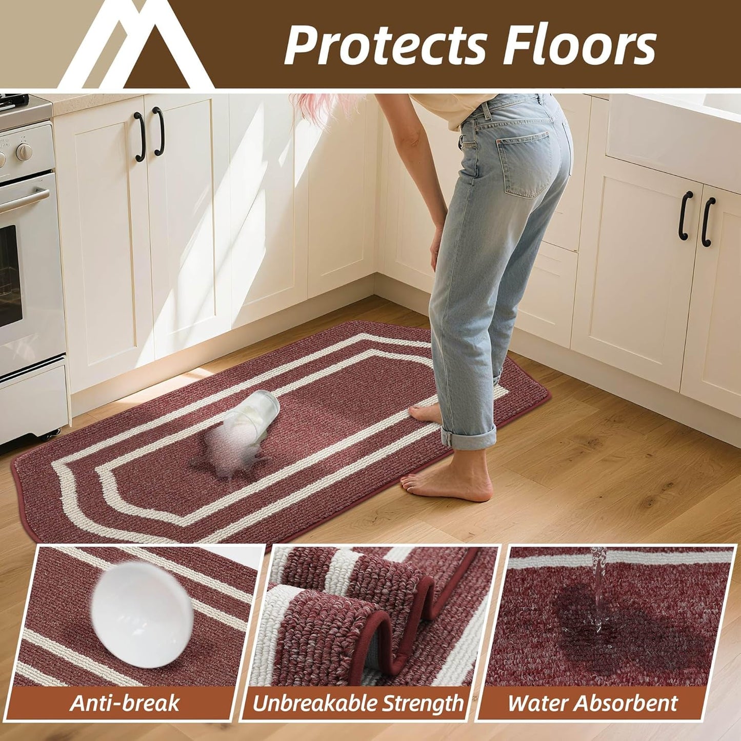 COSY HOMEER Long Kitchen Floor Mats for in Front of Sink Super Absorbent Kitchen Rugs and Mats 24"x79" Non-Skid Kitchen Mat Standing Mat Washable,Polypropylene,Red,Frame