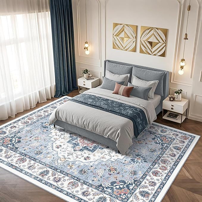 Area Rug for Living Room - Vintage Indoor Machine Washable Rug for Bedroom Dinning Room Floor - Soft Low-Pile Carpet Non-Slip Backing Floral Rugs Office (Blue White, 8' × 10')