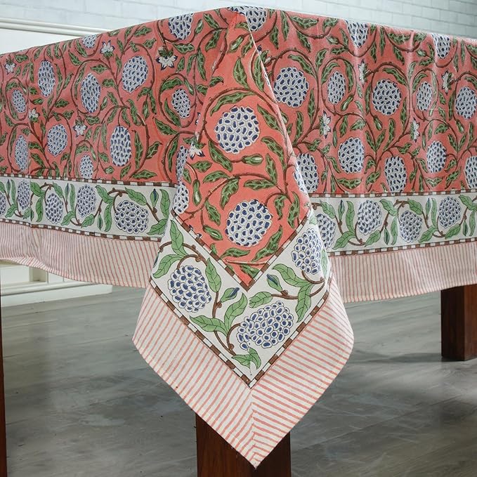 Ridhi Dark Salmon Pink 72 x 190 Inches Rectangular Cotton Washable Tablecloth, Hand Block Print Floral, for Kitchen, Dining, Spring, Easter, Wedding, Birthday, Bridal
