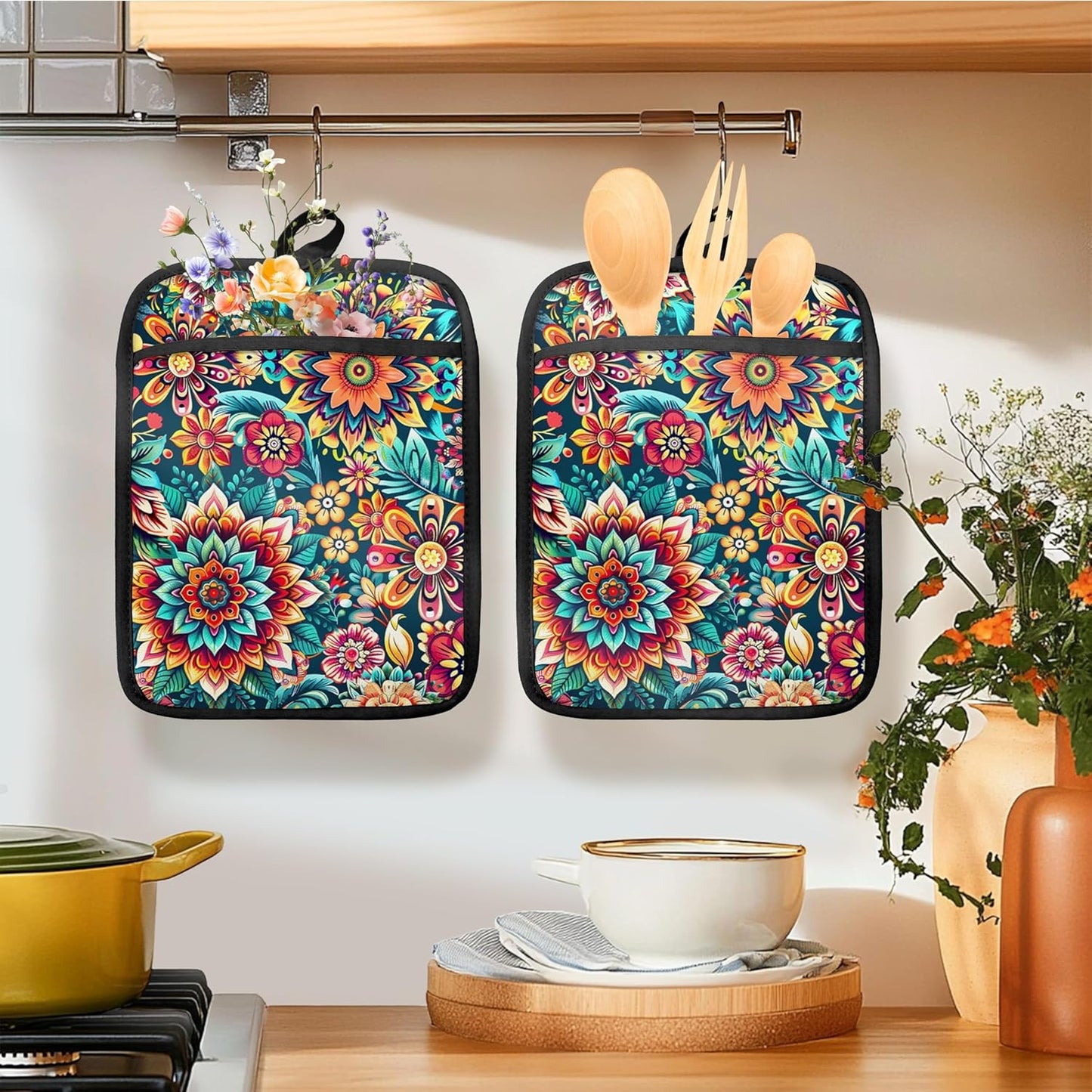 Vibrant Mandala Floral Pot Holders for Kitchen, Boho Abstract Colorful Ethnic Flower Botanical Heat Resistant Hot Pads and Oven Mitts for Baking Cooking