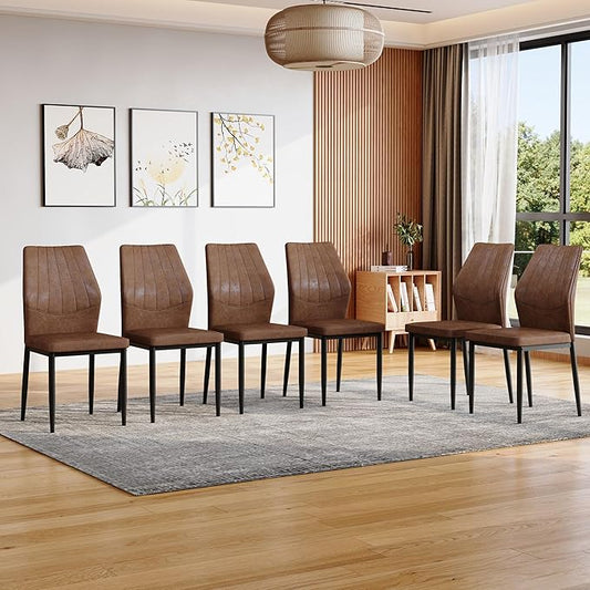 Brown Dining Chairs Set of 6,Rusic Farmhouse Upholstered Kitchen Chairs with Soft Cushion and Black Metal Legs,Mid Century Modern Dining Room Chairs,Easy to Assemble and Comfortable Seating