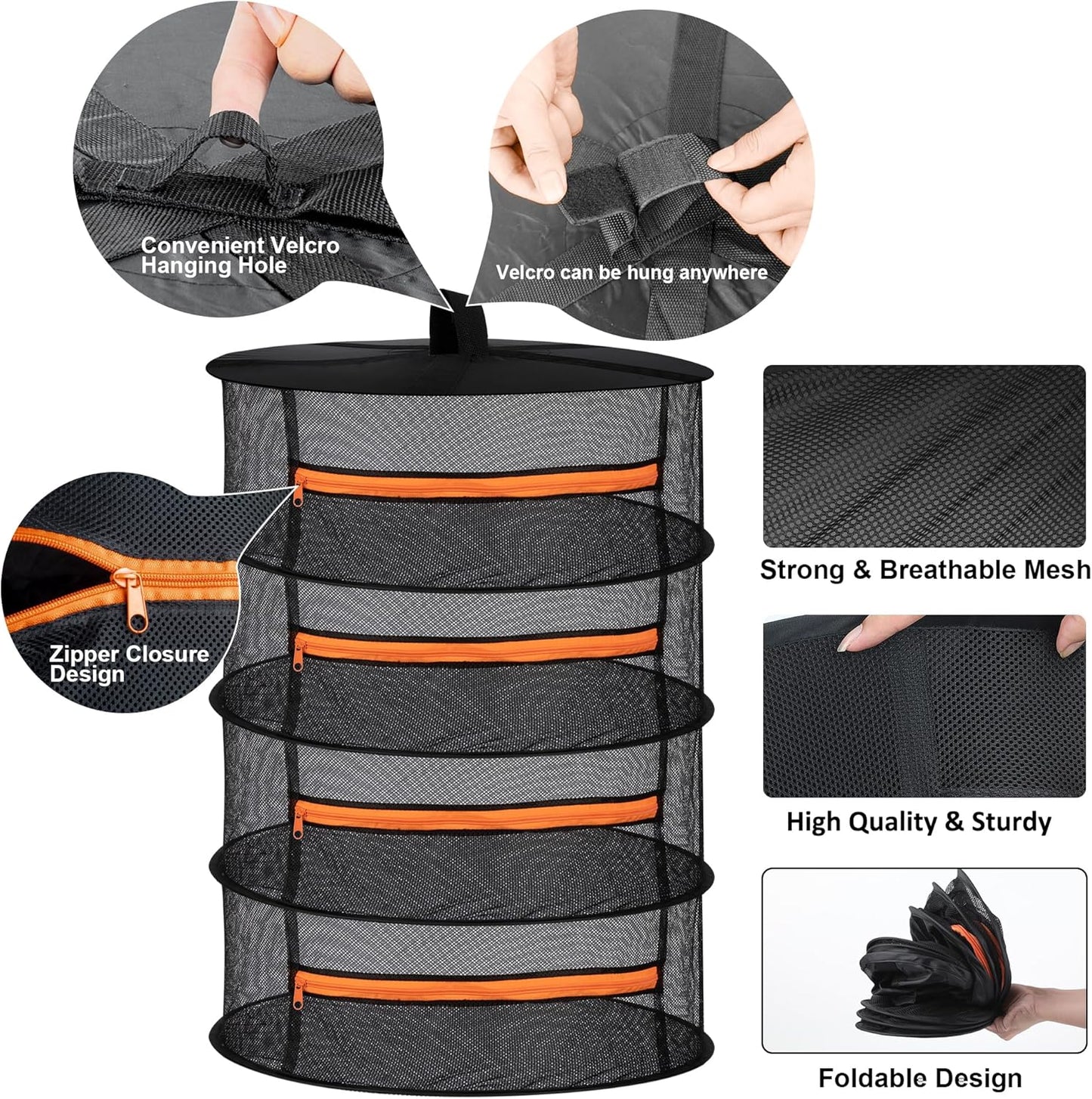 Desy & Feeci Herb Drying Rack-2ft Diameter 4 Layer Folding Mesh Hanging Basket Dryer Net with Zippers for Seeds Flowers Buds Plants Garden Outdoor Bumper Harvest(D24xH31 inch)