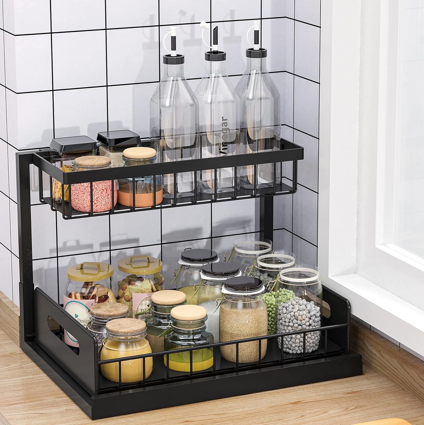 bukfen Under Sink Organizer, Pull Out Cabinet Organizer 2-Tier Slide Out Sliding Shelf Under Cabinet Storage Multi-Use for Under Kitchen Bathroom Sink Organizers and Storage