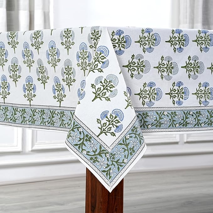Ridhi Mughal Buta Blue Hand Block Print Cotton Rectangle Tablecloth 90 x 60 inch-Reusable Table Cover Decorative Everyday Use for Dining Room, Farmhouse, Thanksgiving, Christmas Wedding, Fall