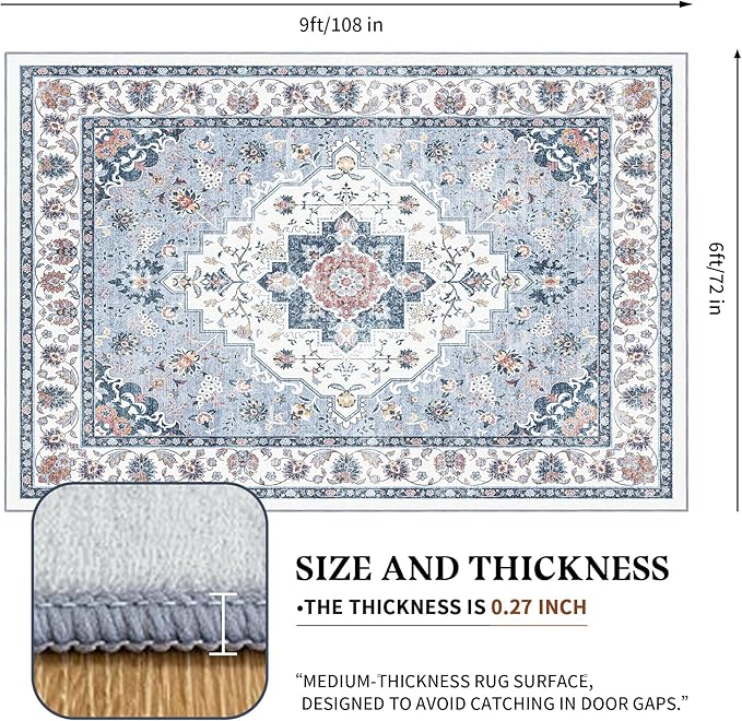 Area Rug for Living Room - Vintage Indoor Machine Washable Rug for Bedroom Dinning Room Floor - Soft Low-Pile Carpet Non-Slip Backing Floral Rugs for Office (Blue White, 6' × 9')