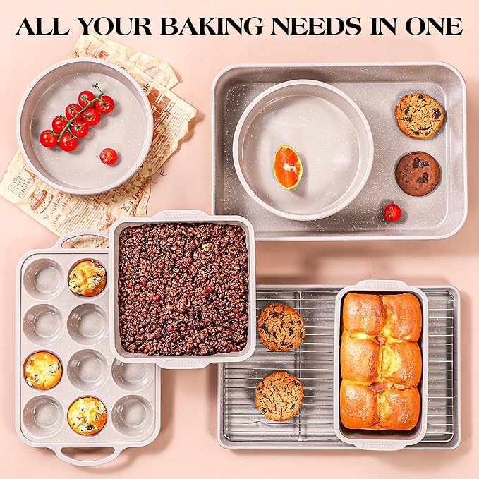 8 Pcs Baking Pans Set, Silicone Bakeware Sets with Metal Reinforced Frame, Nonstick Stackable Carbon Steel Non Toxic Baking Sets for Cooking (Brown)