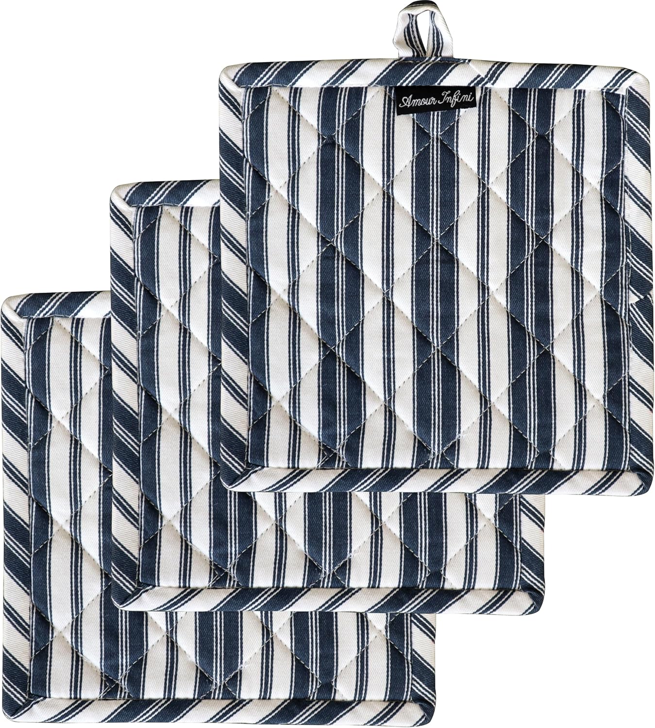 AMOUR INFINI Double Stripe Pot Holders Heat Resistant Cotton Set of 3 Nonslip 8"x8" Inch Hot Pads for Kitchen, BBQ, Baking & Cooking with Hanging Loops (Blue)