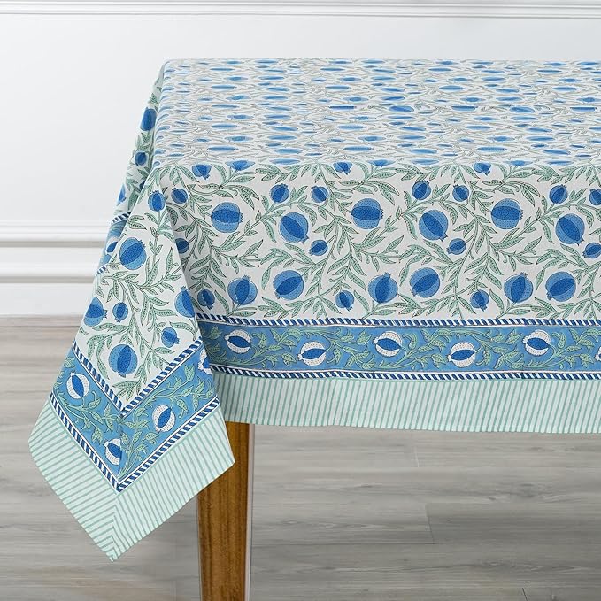 Ridhi Queen Blue Hand Block Print Cotton Rectangle Tablecloth 102 x 48 inches Reusable Table Cover Decorative Everyday Use for Dining Room, Farmhouse, Home, Party, Festive & Wedding, Fall