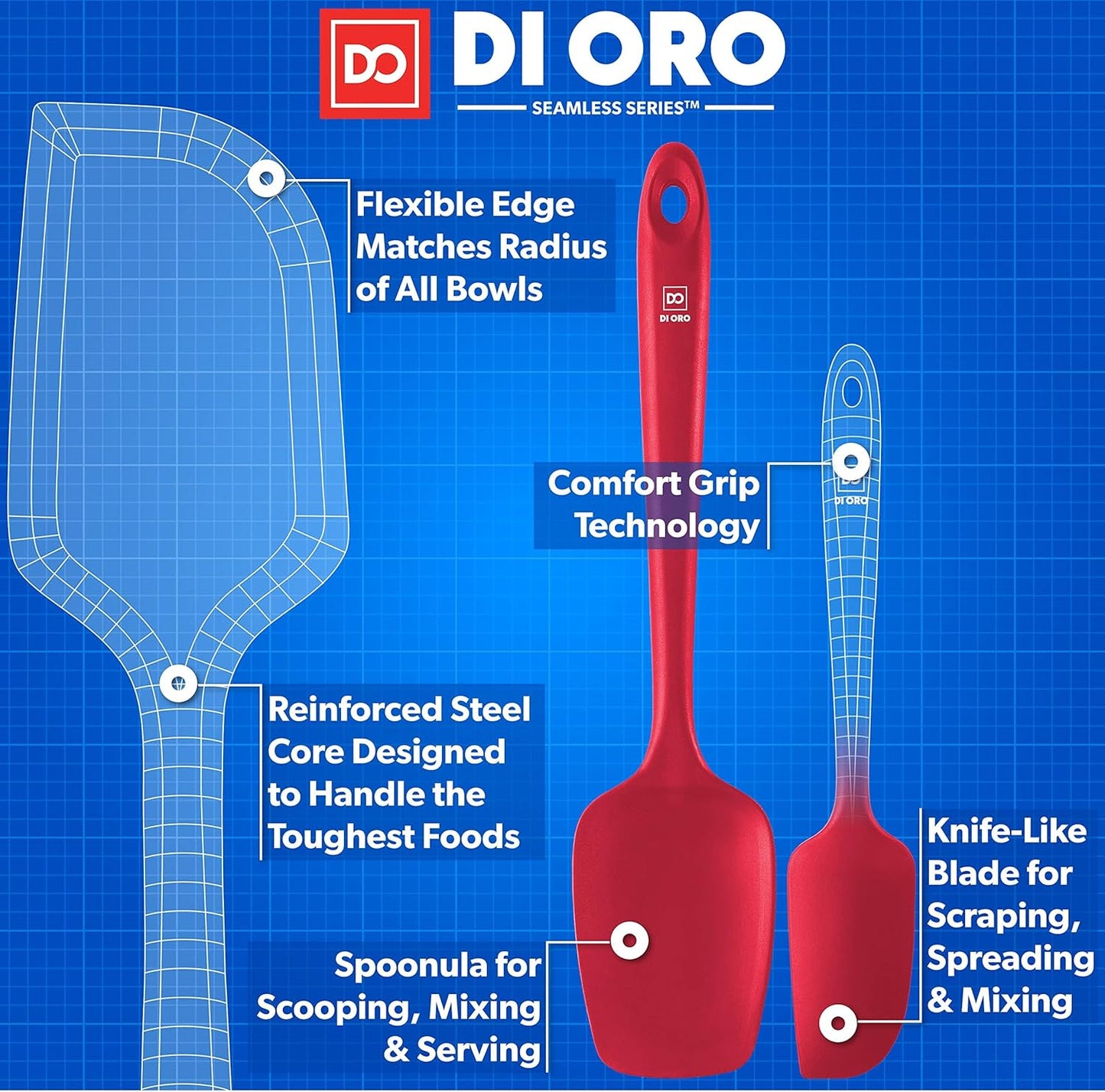 DI ORO Silicone Spatula Set - Rubber Kitchen Spatulas for Baking, Cooking, & Mixing - 600°F Heat-Resistant & BPA Free Silicone Scraper Spatulas for Nonstick Cookware - Dishwasher Safe (5pc, Red)