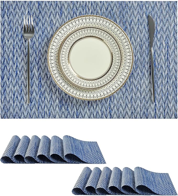 Leetaltree Blue Placemats Set of 12 - Heat Resistant Non-Slip Place mats for Dining Table, Washable Durable PVC Vinyl Woven Table Mats（Blue Zigzag, 12）