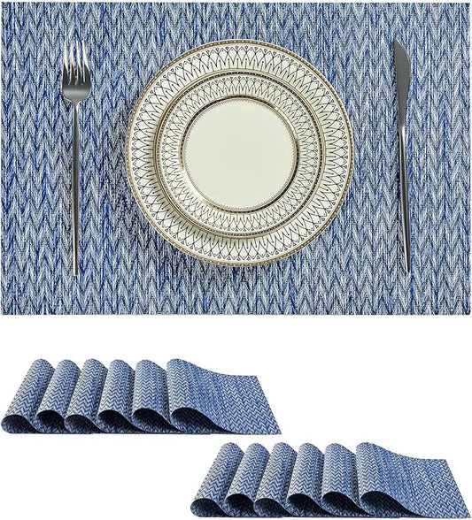 Leetaltree Blue Placemats Set of 12 - Heat Resistant Non-Slip Place mats for Dining Table, Washable Durable PVC Vinyl Woven Table Mats（Blue Zigzag, 12）