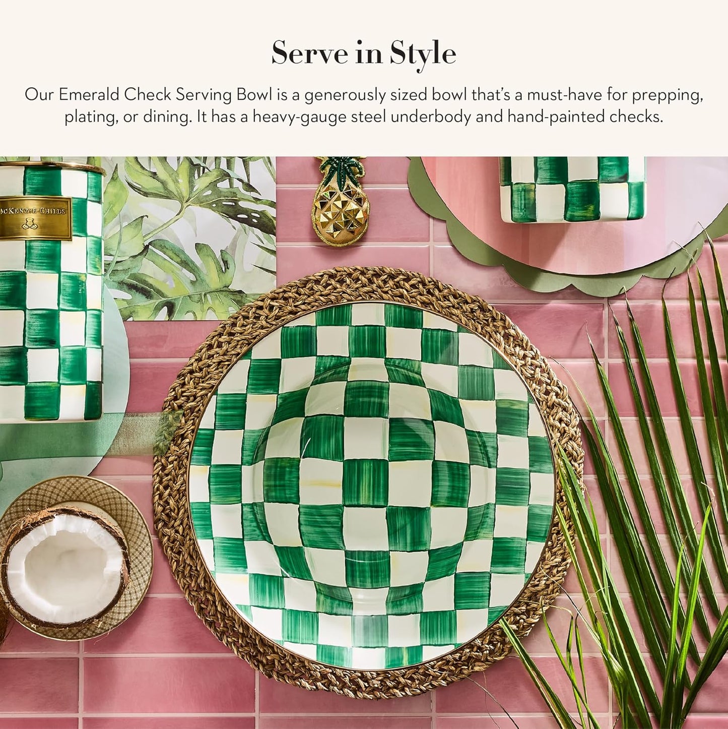 MACKENZIE-CHILDS Enamel Serving Bowl, Enamel Serveware Bowl, 12 Inches, Green-and-White Emerald Check