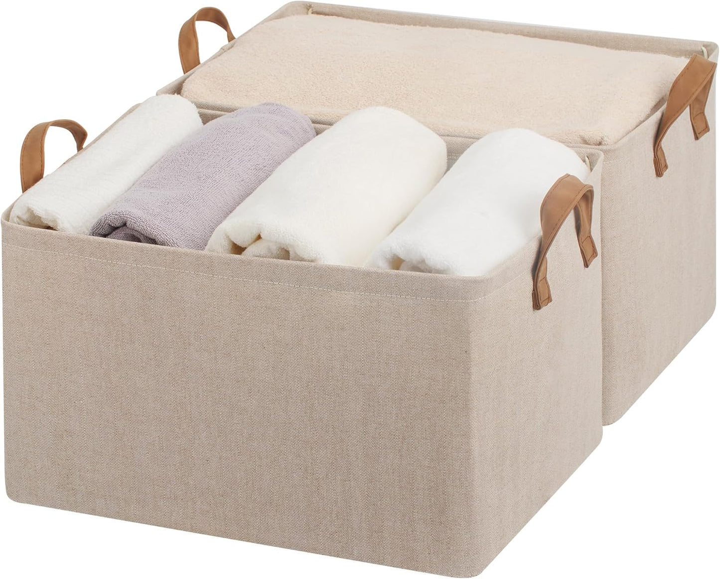 StorageWorks Storage Bins, Fabric Storage Bins for Shelves, Extra Large Storage Baskets with Metal Frame, Closet Baskets and Bins with Handles, Jumbo, Brown and Beige, 2-Pack