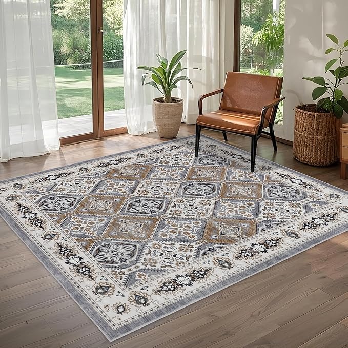 Area Rug for Living Room - Vintage Indoor Machine Washable Rug for Bedroom Dinning Room Floor - Soft Low-Pile Carpet Non-Slip Backing Floral Rugs for Office (Blue/Grey/Brown, 6' × 9')