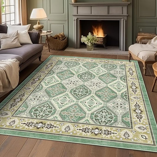 Area Rug for Living Room - Vintage Indoor Machine Washable Rug for Bedroom Dinning Room Floor - Soft Low-Pile Carpet Non-Slip Backing Floral Rugs Office (Green, 8' × 10')
