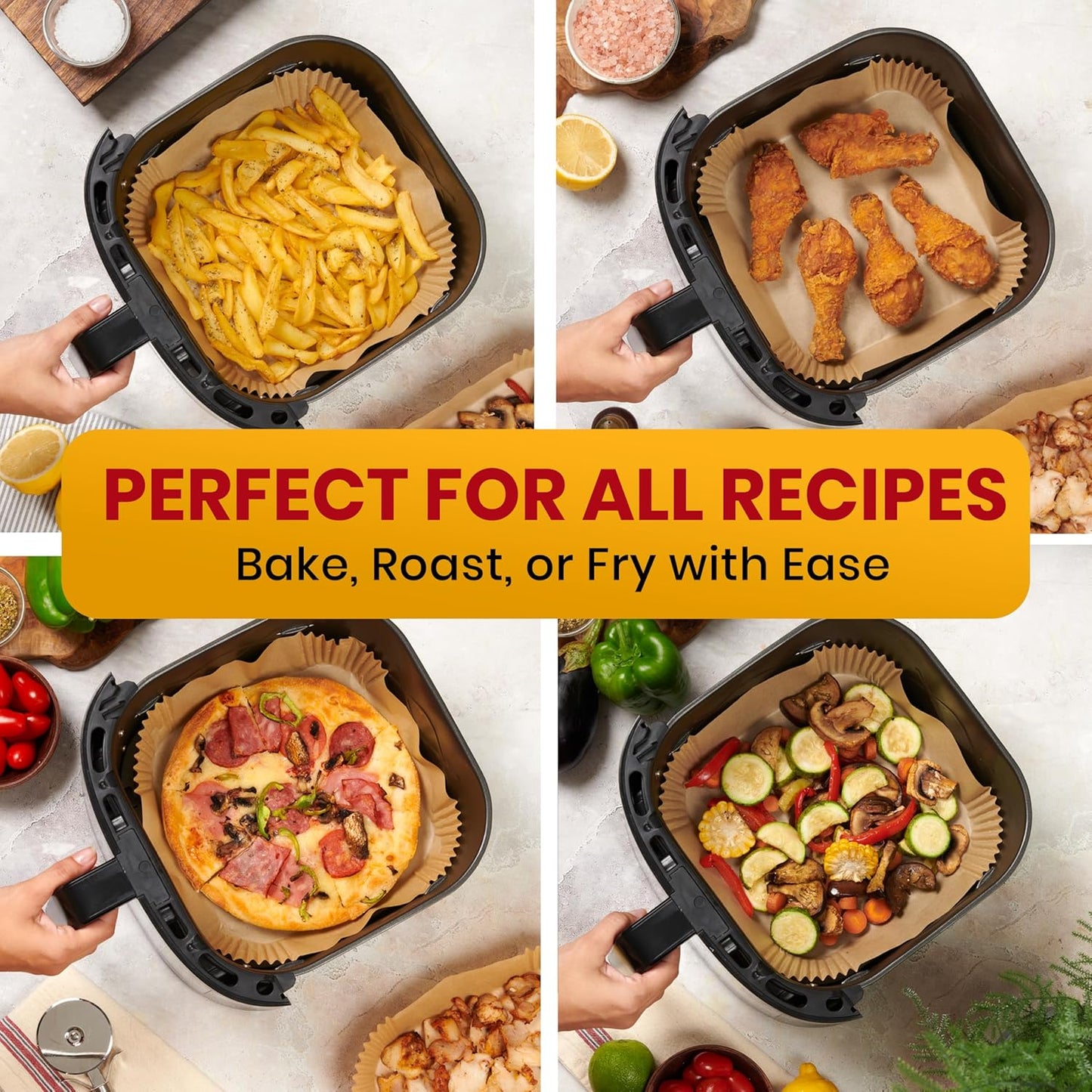 Air Fryer Paper Liners, 125Pcs Air Fryer Disposable Liners, Non-Stick and Oil Proof for Easy Cleanup, 8” Square for 5-8 qt Basket by Baker's Signature