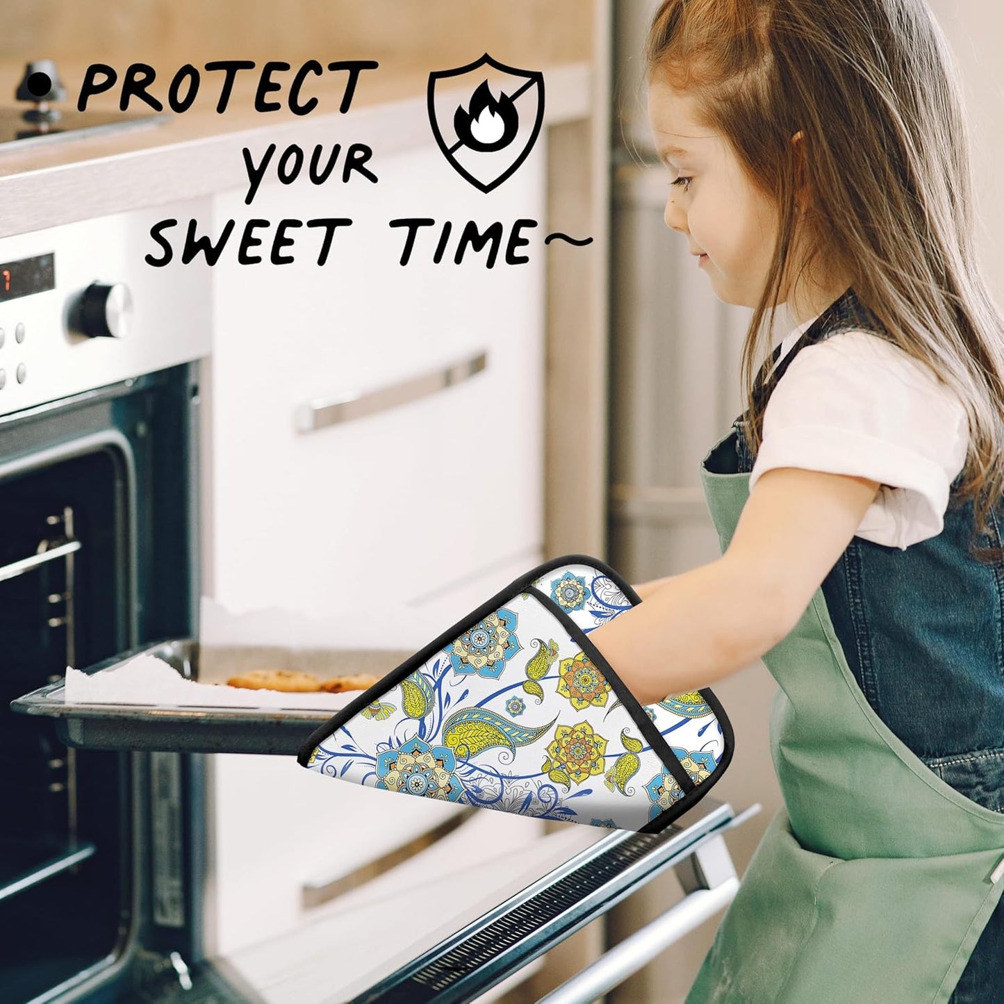 Boho Floral Oven Mitts Set, Vintage Luxury Blue and Gold Flower Floral Heat Resistant Kitchen Oven Gloves for Baking and Cooking,Pot Holders