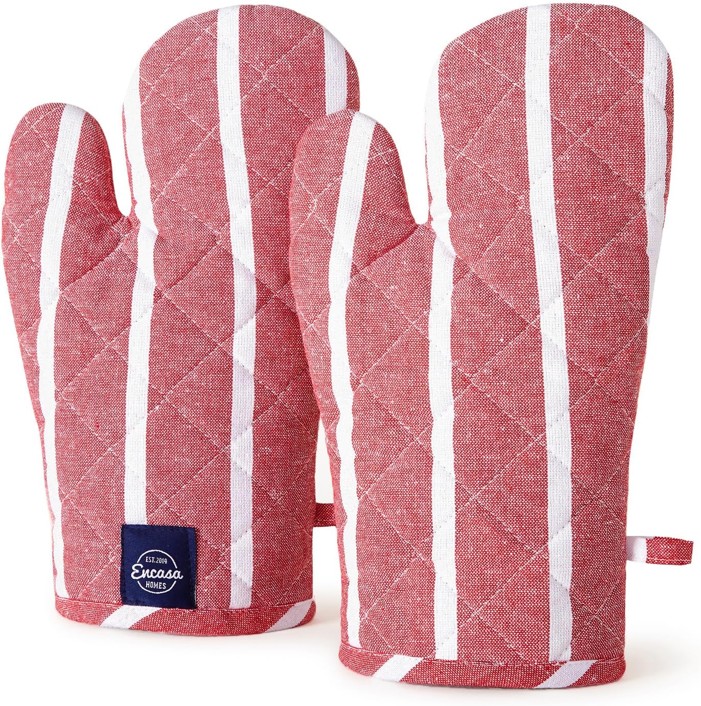 Encasa XO Long 12"x7" Oven Microwave Hand Gloves Mitts (2 pc Set) for Kitchen Cooking & Baking - Heat Resistant, Thick & Safe, Protection of Hands from Hot Utensils - Roma Red Stripes