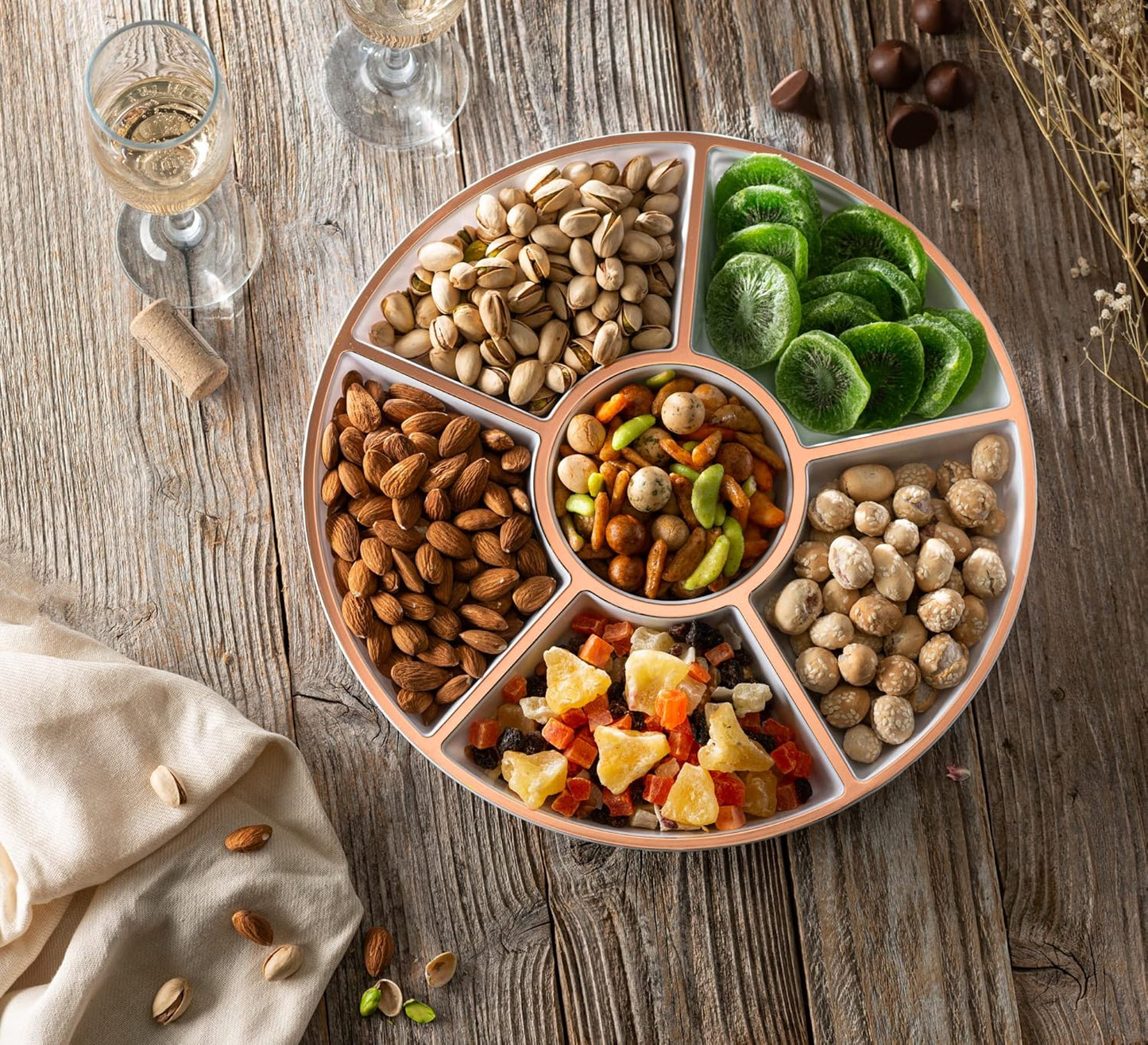 Plasticpro 6 Sectional Round Plastic Serving Tray/Platter (2, White & Rose Gold)