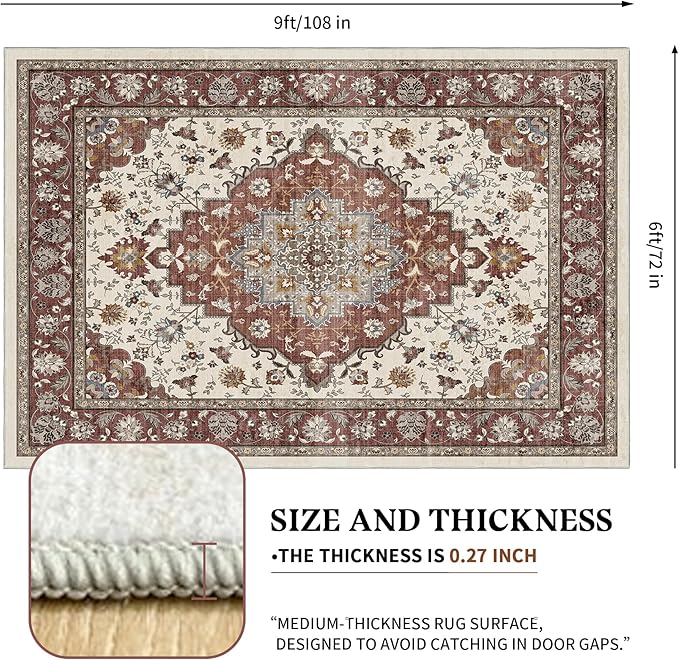 Area Rug for Living Room - Vintage Indoor Machine Washable Rug for Bedroom Dinning Room Floor - Soft Low-Pile Carpet Non-Slip Backing Floral Rugs Office (Brick/Ivory, 6' × 9')