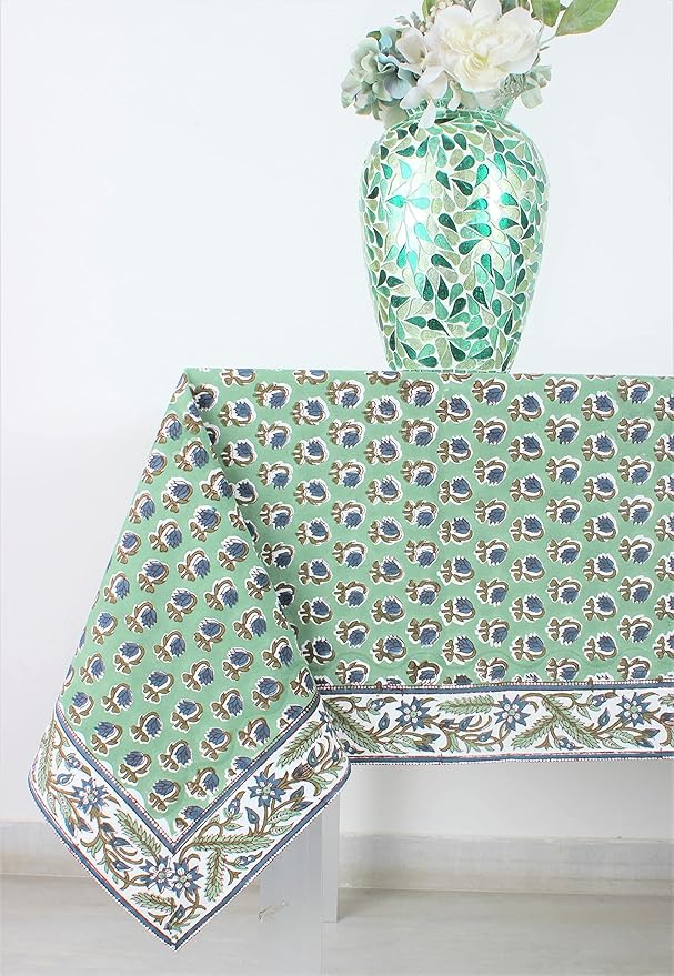 Ridhi Basil Green 60 x 90 Inches Rectangular Cotton Washable Tablecloth, Hand Block Print Floral, for Kitchen, Dining, Spring, Easter, Wedding, Birthday, Bridal