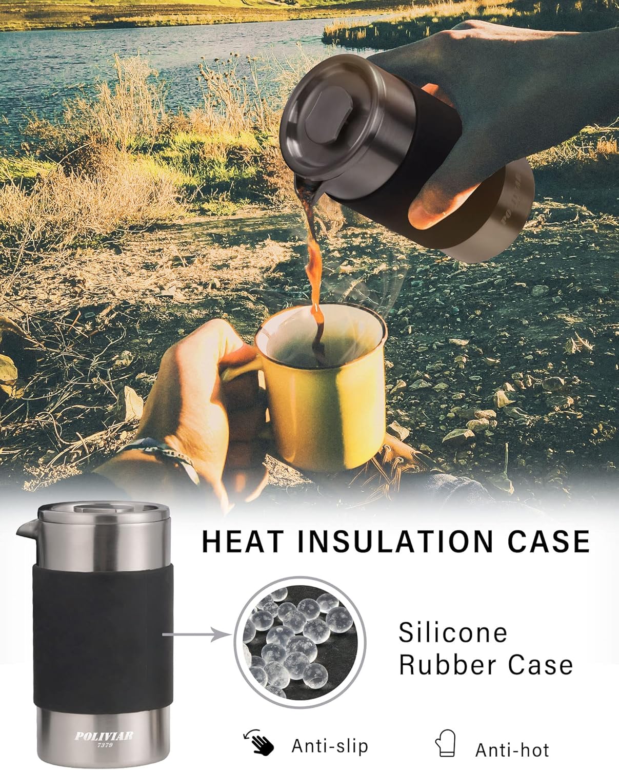 POLIVIAR French Press Coffee Maker, 12 oz Portable French Press with Mini Canister and Collection Bag, Double Wall Insulation & Dual- Filter Screen, Food Grade Stainless Steel for Coffee