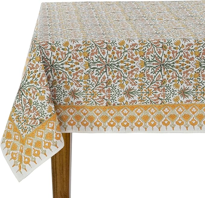Ridhi Goldenrod Yellow Hand Block Print Cotton Rectangle Tablecloth 190 x 72 inches Reusable Table Cover Decorative Everyday Use for Dining Room, Farmhouse, Home, Party, Festive & Wedding, Fall