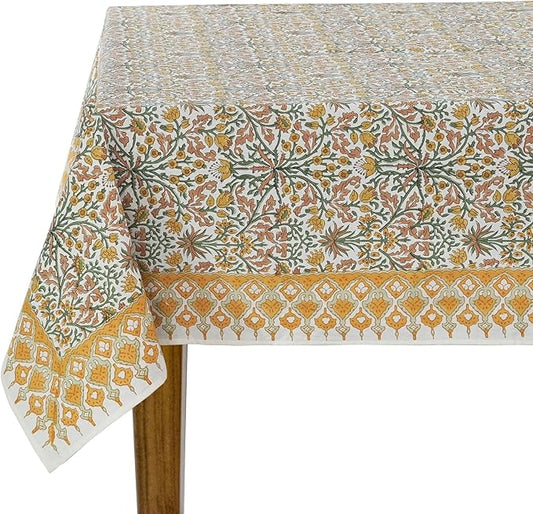 Goldenrod Yellow, Fern Green and Peanut Brown Indian Hand Block Printed 100% Pure Cotton Kitchen Tablecloth Home Decor Table Cloth Dinner Party Gift for Mother's day Her Mom Home Wedding 80x120 Inches
