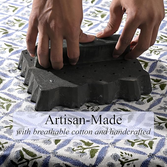 Ridhi Light Steel Blue Hand Block Print Cotton Rectangle Tablecloth 108 x 70 inches Reusable Table Cover Decorative Everyday Use for Dining Room, Farmhouse, Home, Party, Festive & Wedding, Fall