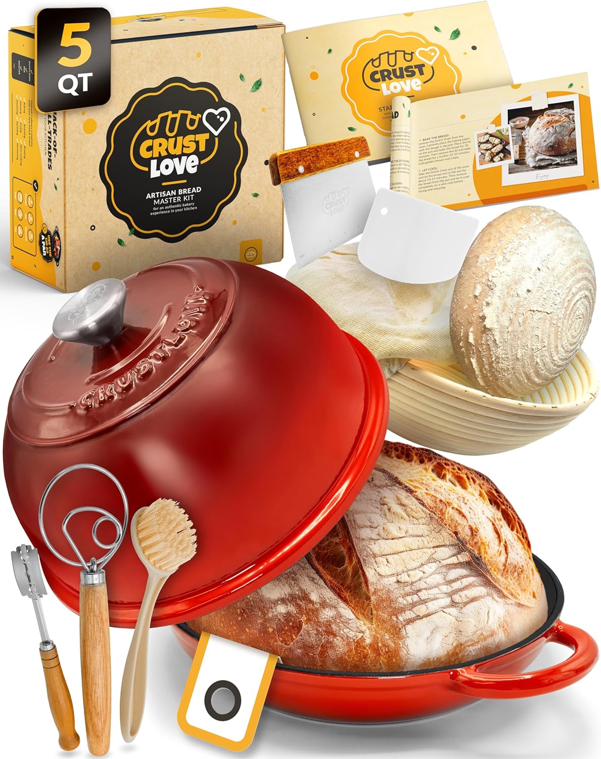 Dutch Oven Bread Baking - 5QT Enamel Bread-Oven - incl Sourdough Bread-Baking Suppliers like Dough Whisk Scoring Lame etc Bread-Dome Cast Iron Bread-Pan with Lid for Sour dough, Bread-making