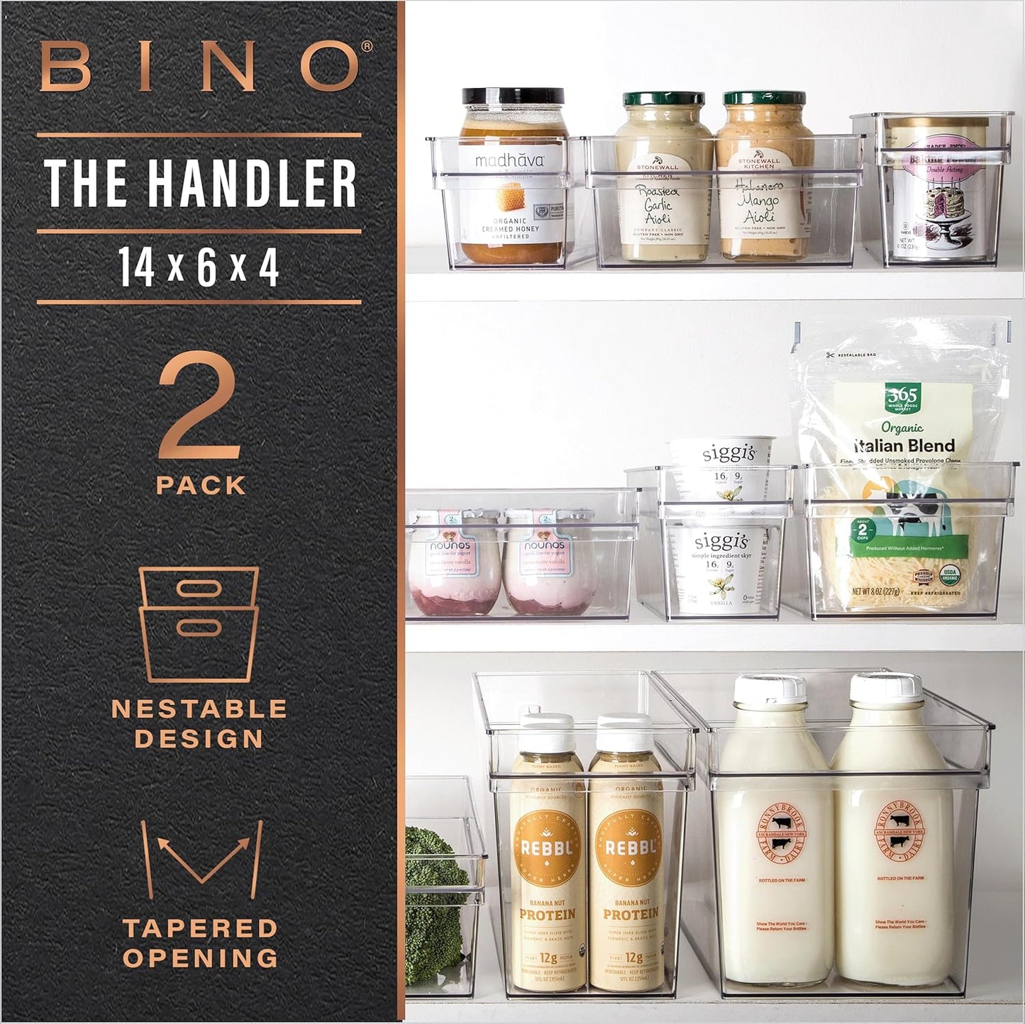 BINO | Plastic Storage Bins, Medium | THE HANDLER COLLECTION | Multipurpose Organizer Bins | Kitchen Pantry Organizers and Storage | Clear Containers for Organizing Home | Freezer Organizer