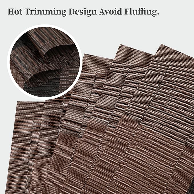 Leetaltree Brown with Black Striped Placemats Set of 8 - Heat Resistant Non-Slip Place mats for Dining Table, Washable Durable PVC Vinyl Woven Table Mats（Brown Stripe, 8）