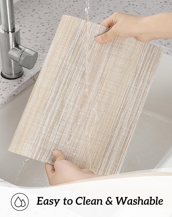 Leetaltree Lightsteel Beige with Yellow Placemats Set of 4 - Heat Resistant Non-Slip Place mats for Dining Table, Washable Durable PVC Vinyl Woven Table Mats (Lightsteel Beige, 4)