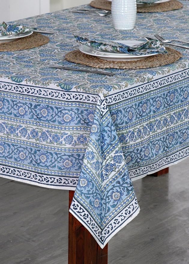 Ridhi Asparagus Green Hand Block Print Cotton Rectangle Tablecloth 160 x 72 inch-Reusable Table Cover Decorative Everyday Use for Dining Room, Farmhouse, Thanksgiving, Christmas Wedding, Fall