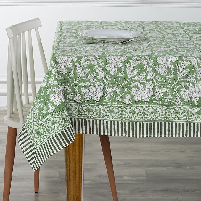 Ridhi Sage Green Hand Block Print Cotton Rectangle Tablecloth 108 X 60 inch-Reusable Table Cover Decorative Everyday Use for Dining Room, Farmhouse, Thanksgiving, Christmas Wedding, Fall